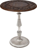 The Wooden Town Hand-Carved Boho Folding Side Table, Burnt Brown Top with Silver Aluminum Spiral Base, 18 x 22 Inch