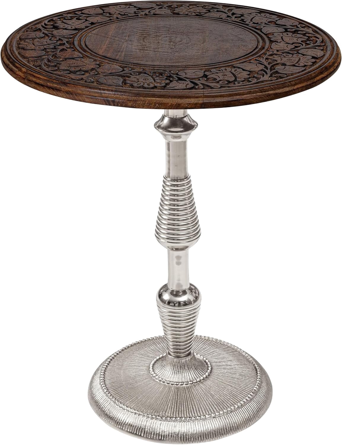 The Wooden Town Hand-Carved Boho Folding Side Table, Burnt Brown Top with Silver Aluminum Spiral Base, 18 x 22 Inch