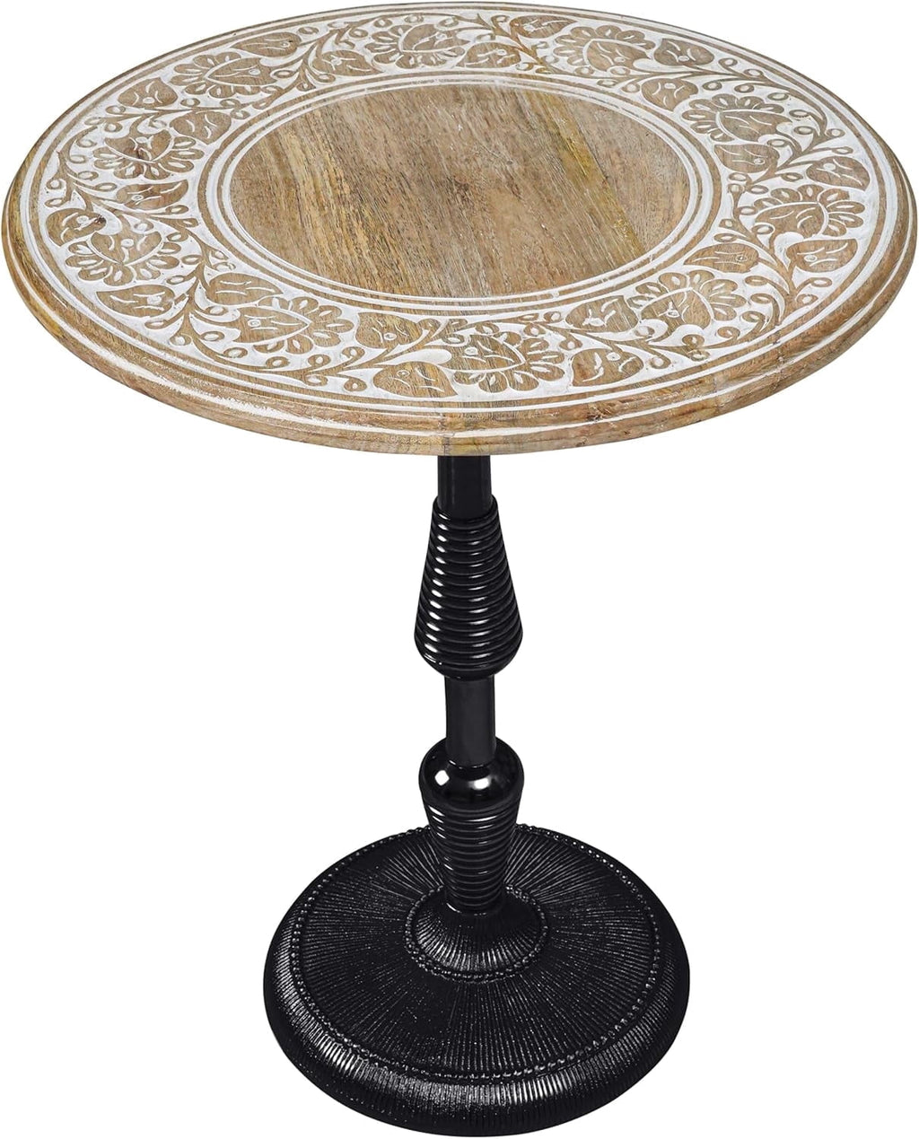 The Wooden Town Hand-Carved Boho Folding Side Table, White Wash Top with Black Aluminum Spiral Base, 18 x 22 Inch