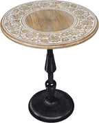 The Wooden Town Hand-Carved Boho Folding Side Table, White Wash Top with Black Aluminum Spiral Base, 18 x 22 Inch