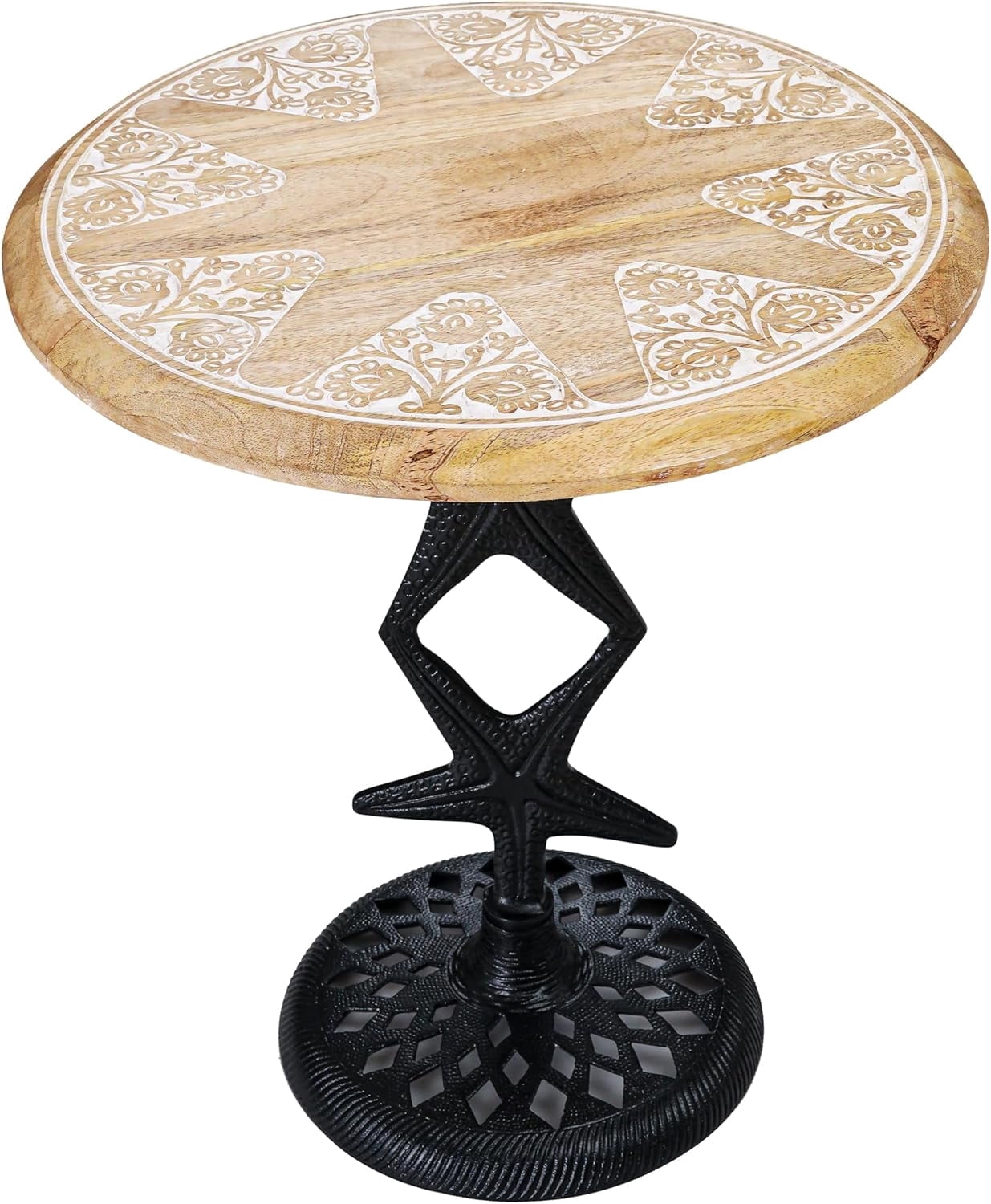 The Wooden Town Hand-Carved Boho Folding Side Table, White Wash Top with Black Aluminum Star Base, 18 x 22 Inch
