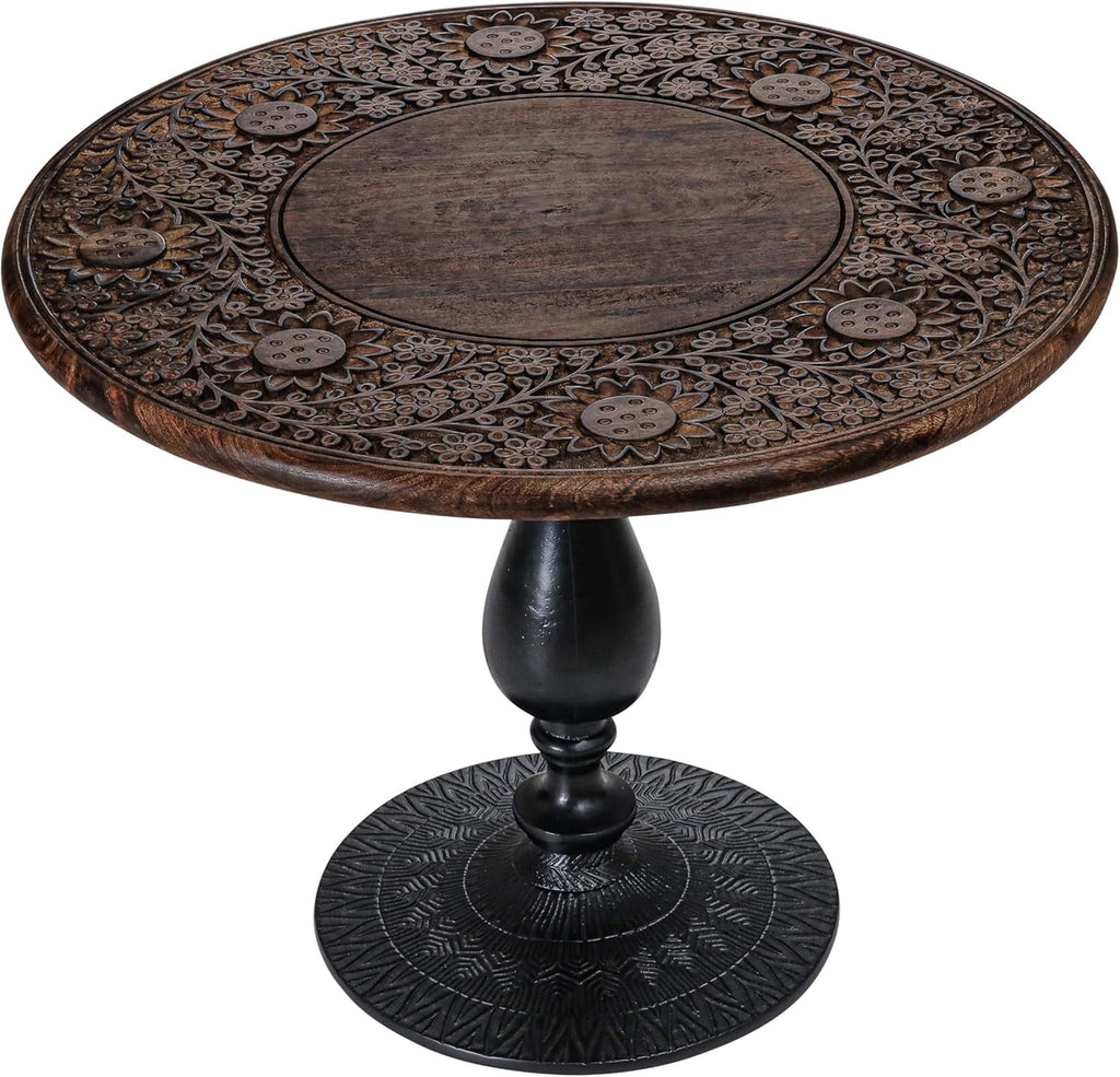 The Wooden Town Hand-Carved Solid Wood Coffee Table, Burnt Finish with Black Aluminum Pillar Base, 24 x 24 x 18 Inch