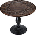 The Wooden Town Hand-Carved Solid Wood Coffee Table, Burnt Finish with Black Aluminum Pillar Base, 24 x 24 x 18 Inch