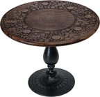 The Wooden Town Hand-Carved Solid Wood Coffee Table, Burnt Finish with Black Aluminum Pillar Base, 24 x 24 x 18 Inch