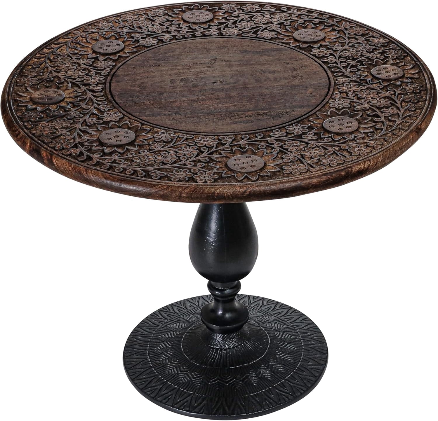 The Wooden Town Hand-Carved Solid Wood Coffee Table, Burnt Finish with Black Aluminum Pillar Base, 24 x 24 x 18 Inch