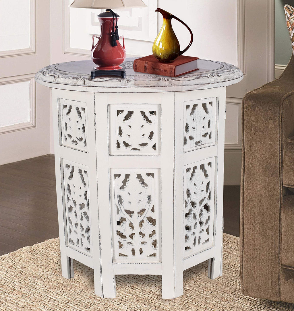 The Wooden Town Handcrafted Solid Wood End Table, Antique White Accent Side Table for Living Room & Bedroom, 18 x 18 Inch