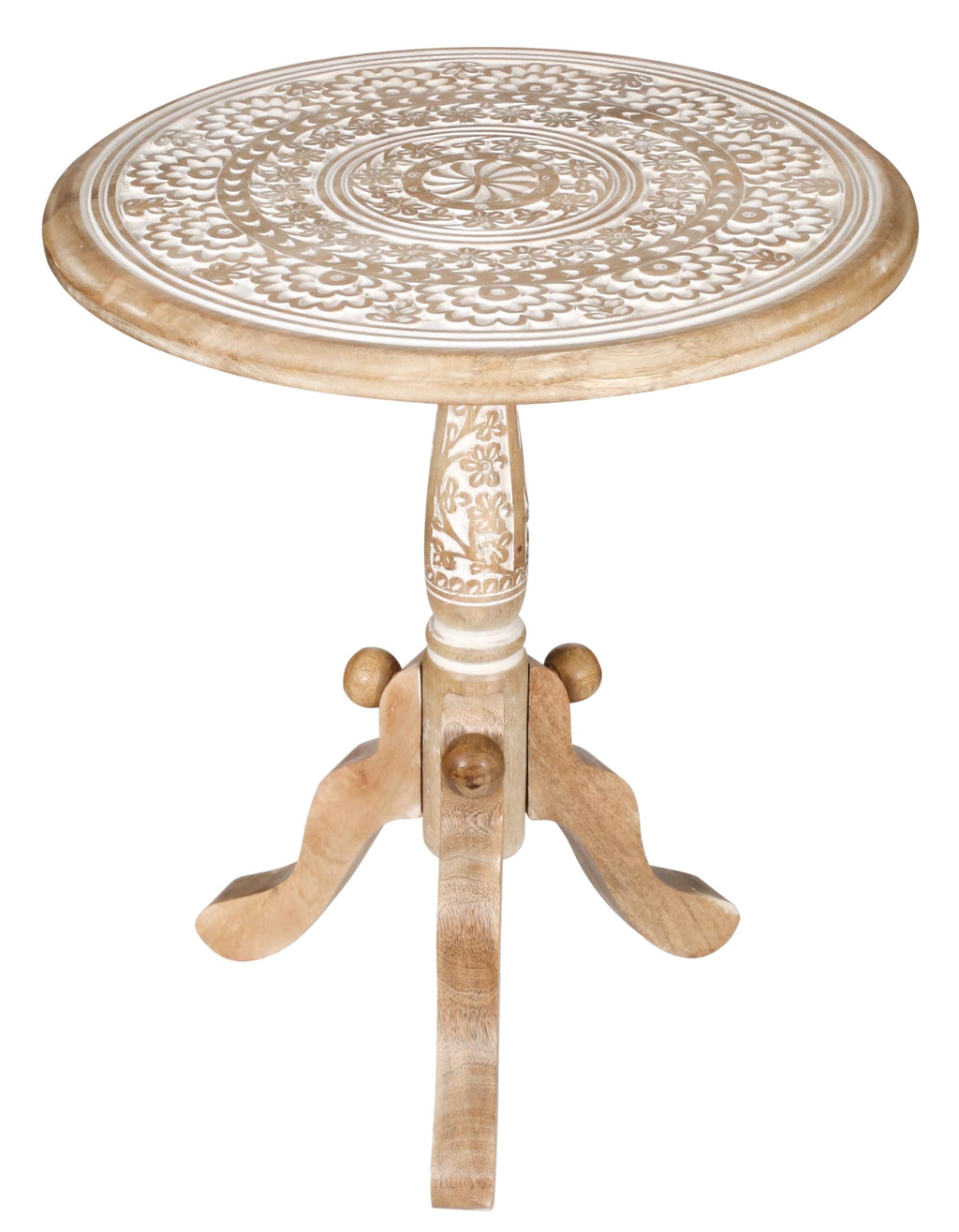The Wooden Town Round End Table, Handcrafted Carved Side Table with Pedestal Base, Solid Mango Wood Accent Table, White Wash, 18 x 21 Inch