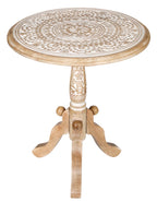 The Wooden Town Round End Table, Handcrafted Carved Side Table with Pedestal Base, Solid Mango Wood Accent Table, White Wash, 18 x 21 Inch