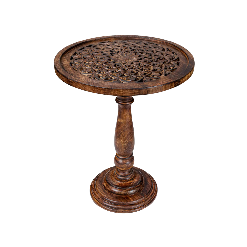 Hand-Carved Solid Wood Pedestal End Table (18”×22”)