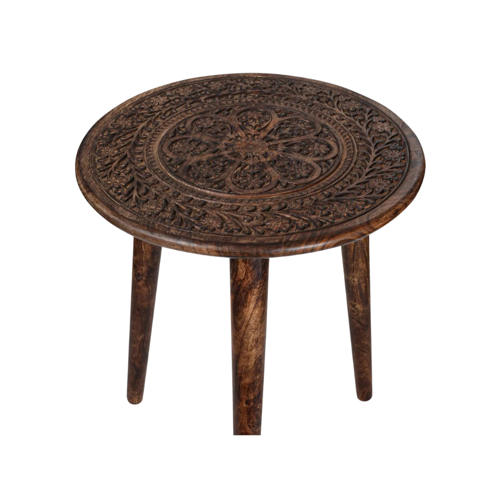 Round Solid Wood End Table – Hand-Carved Top, 3-Leg Design (18”×22”)