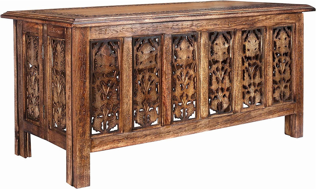Wooden Coffee Table, Hand-Carved Solid Wood Center Table, Vintage Burnt Finish, 36 x 18 Inch