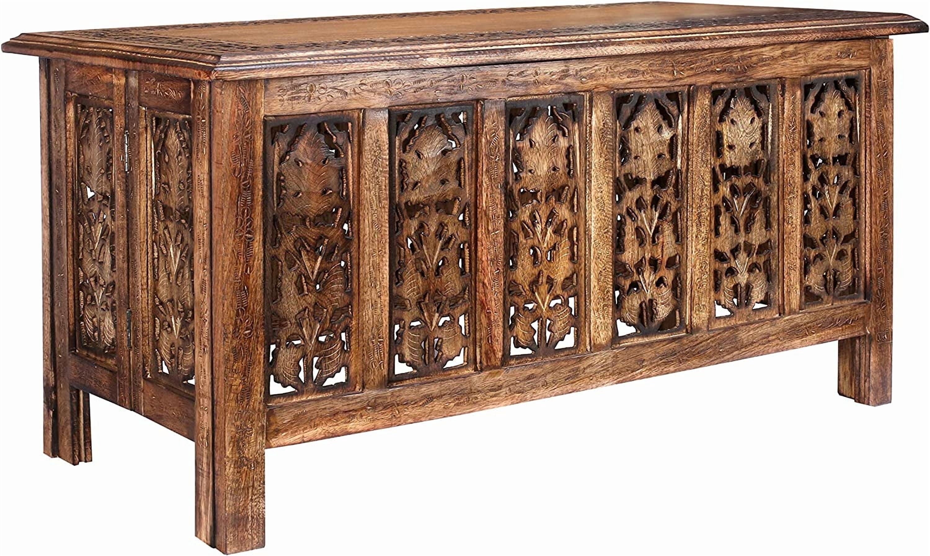 Wooden Coffee Table, Hand-Carved Solid Wood Center Table, Vintage Burnt Finish, 36 x 18 Inch