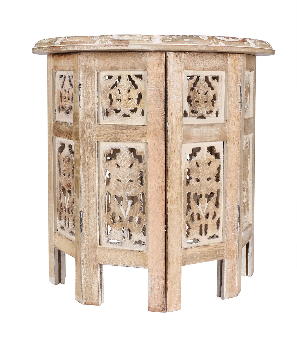 The Wooden Town Carved Wood Round End Table, Handcrafted Accent Side Table, White Washed Small Coffee Table, Solid Wood Living Room Décor, 18 Inch