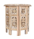The Wooden Town Carved Wood Round End Table, Handcrafted Accent Side Table, White Washed Small Coffee Table, Solid Wood Living Room Décor, 18 Inch