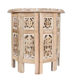 The Wooden Town Carved Wood Round End Table, Handcrafted Accent Side Table, White Washed Small Coffee Table, Solid Wood Living Room Décor, 18 Inch