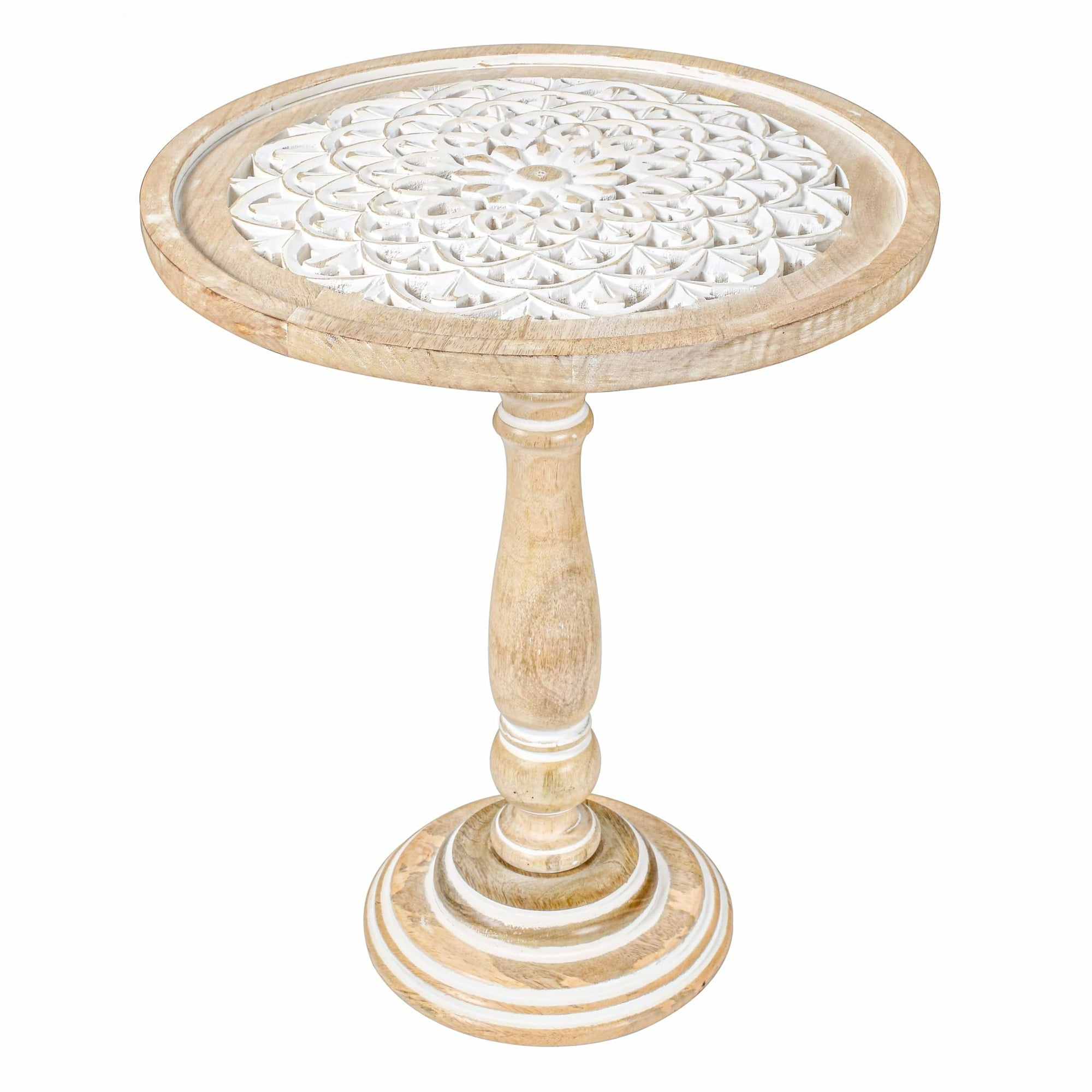 Hand-Carved Solid Wood Pedestal End Table (18”×22”)