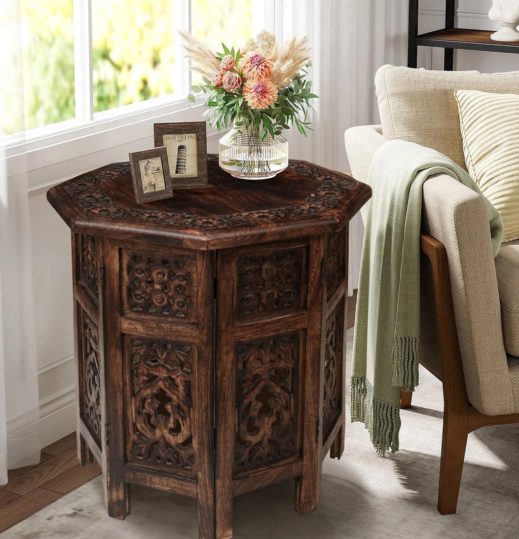 The Wooden Town Hand-Carved Folding Side Table, Vintage Boho End Table for Small Spaces, Living Room & Bedroom Accent Table, Scorch Burnt Finish, 18 x 18 Inch