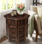 The Wooden Town Hand-Carved Folding Side Table, Vintage Boho End Table for Small Spaces, Living Room & Bedroom Accent Table, Scorch Burnt Finish, 18 x 18 Inch