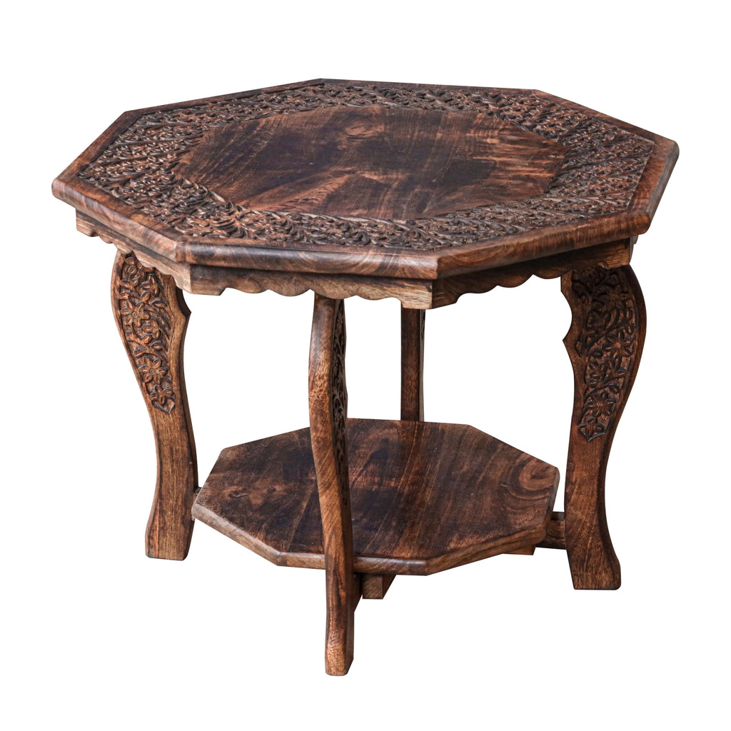 Farmhouse Octagon Accent End Table, Solid Wood Foldable Side Table with Tray Top, Burnt Finish, 24 x 24 x 18 Inch