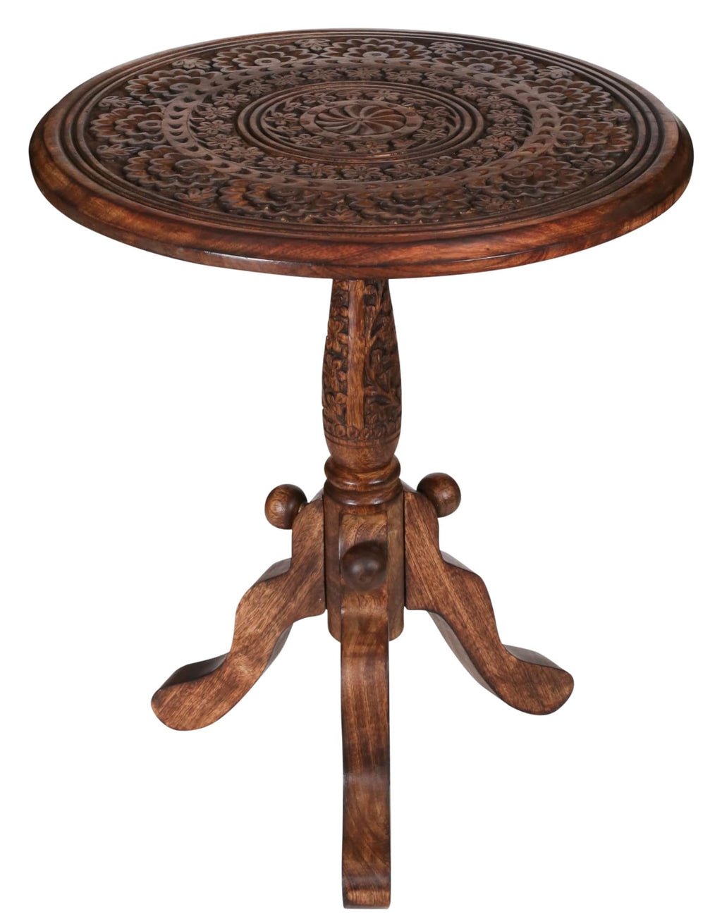 The Wooden Town Handcrafted Carved Round Side Table, Solid Wood Coffee & Accent Table with Pedestal Base, Living Room End Table, 18 x 21 Inch