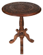 The Wooden Town Handcrafted Carved Round Side Table, Solid Wood Coffee & Accent Table with Pedestal Base, Living Room End Table, 18 x 21 Inch