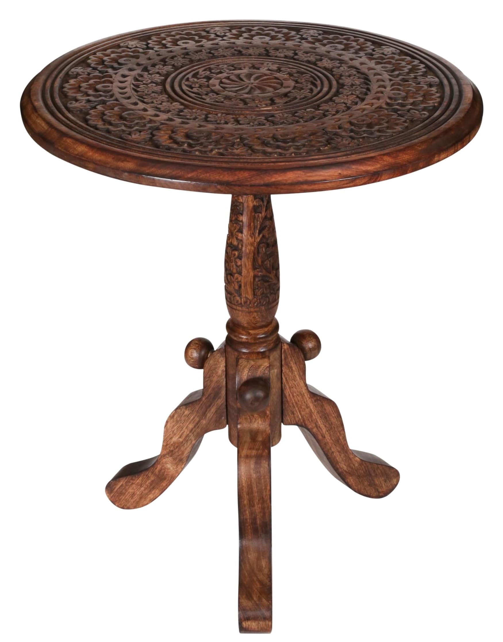 The Wooden Town Handcrafted Carved Round Side Table, Solid Wood Coffee & Accent Table with Pedestal Base, Living Room End Table, 18 x 21 Inch