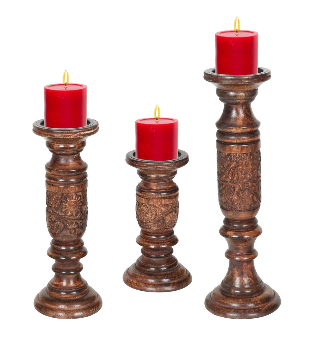 The Wooden Town Wooden Pillar Candle Holder Set of 3, Rustic Farmhouse Candlestick Holders for Table Centerpieces & Home Décor, Dark Burnt Finish, 9", 12", 15"