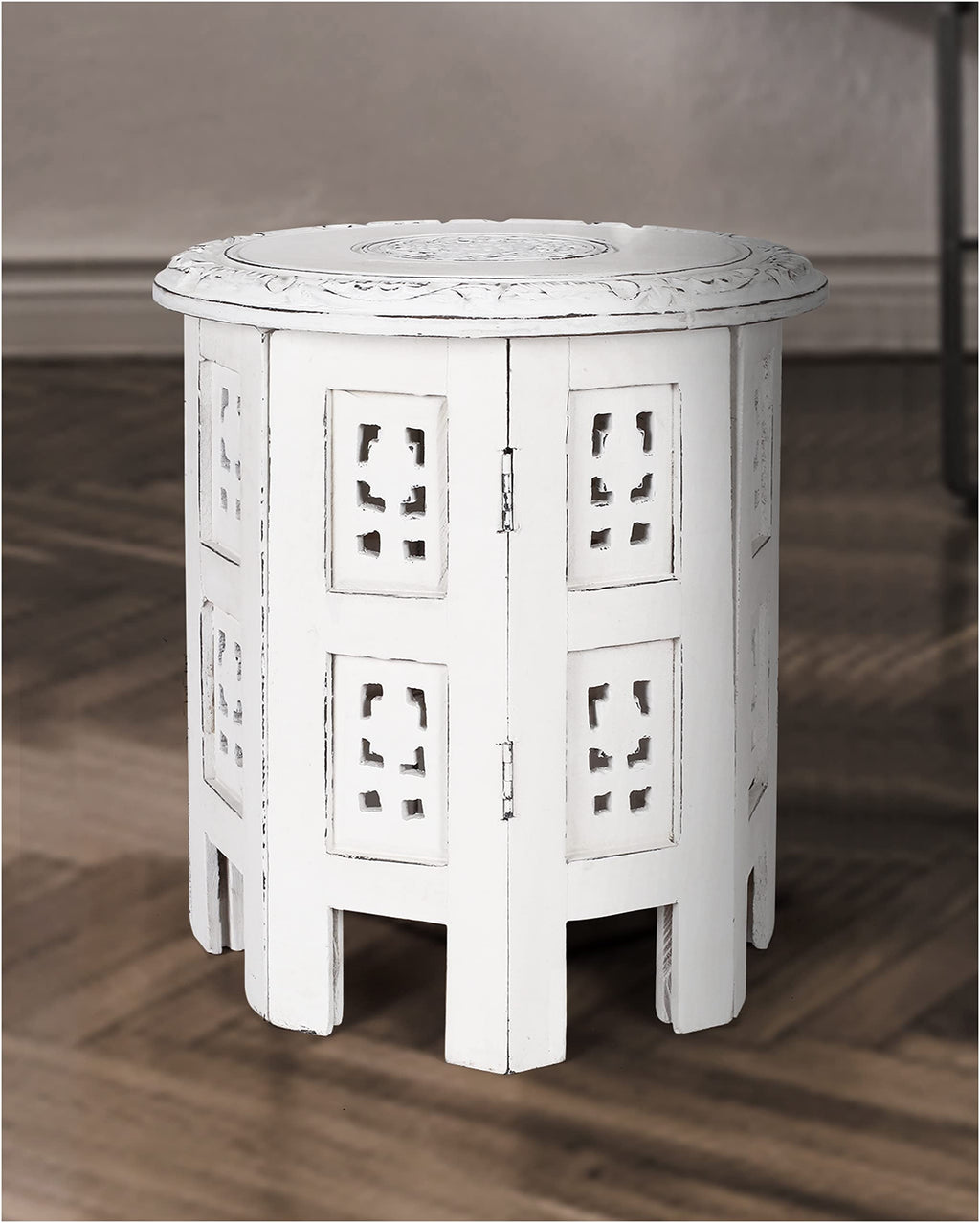 The Wooden Town Round Wooden End Table, White Antique Accent Side Table, 12 x 12 Inch