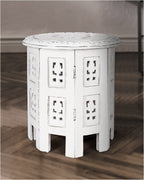 The Wooden Town Round Wooden End Table, White Antique Accent Side Table, 12 x 12 Inch