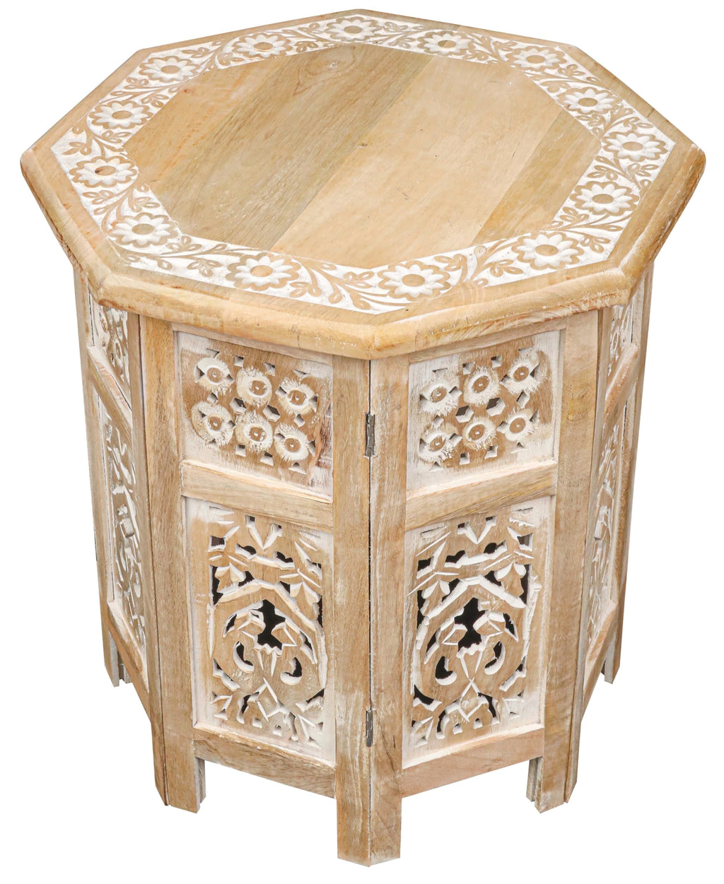 The Wooden Town Hand-Carved Vintage Boho Folding End Table, Octagon White Wash Side Table, 18 x 18 Inch