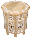 The Wooden Town Hand-Carved Vintage Boho Folding End Table, Octagon White Wash Side Table, 18 x 18 Inch