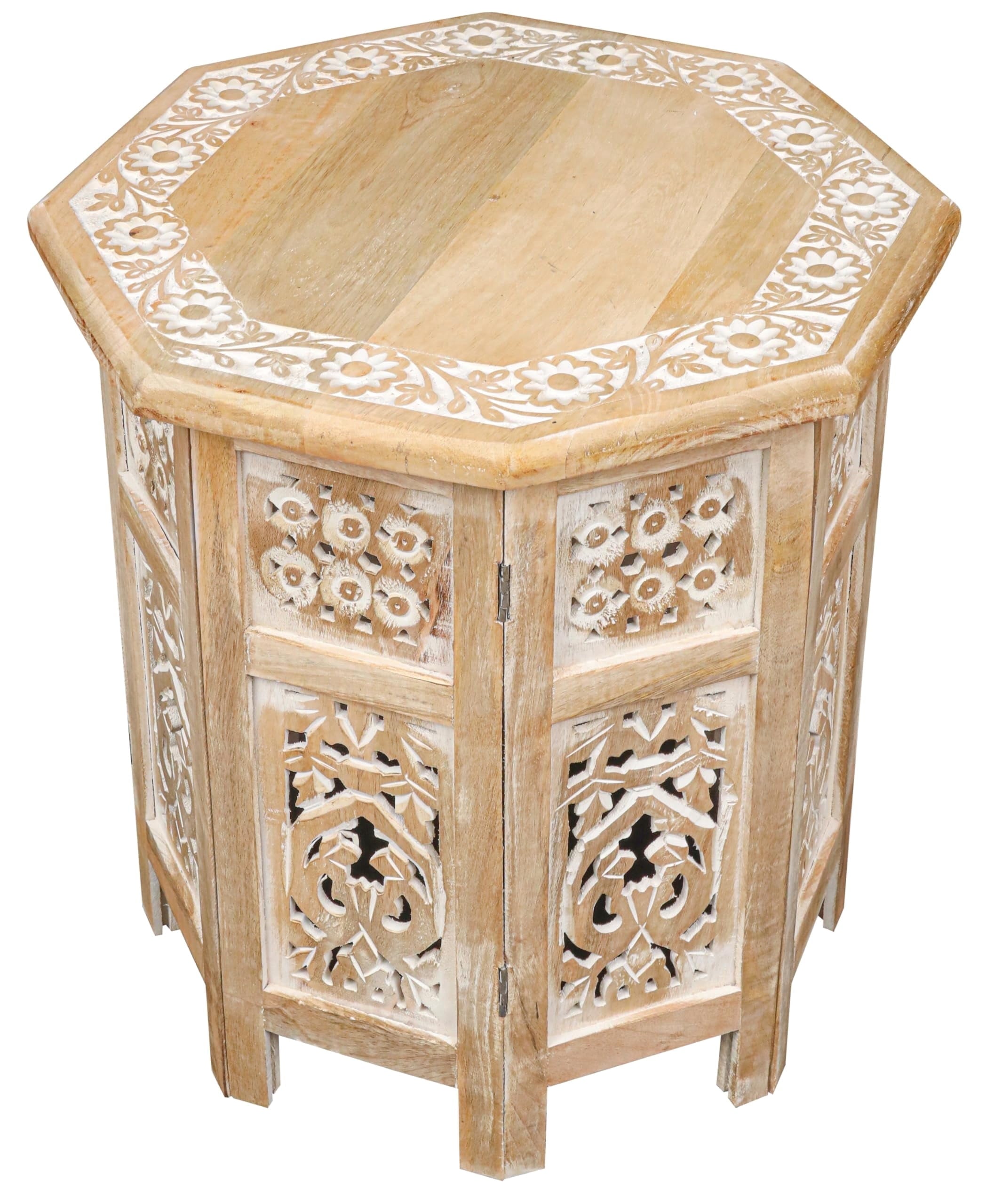 The Wooden Town Hand-Carved Vintage Boho Folding End Table, Octagon White Wash Side Table, 18 x 18 Inch
