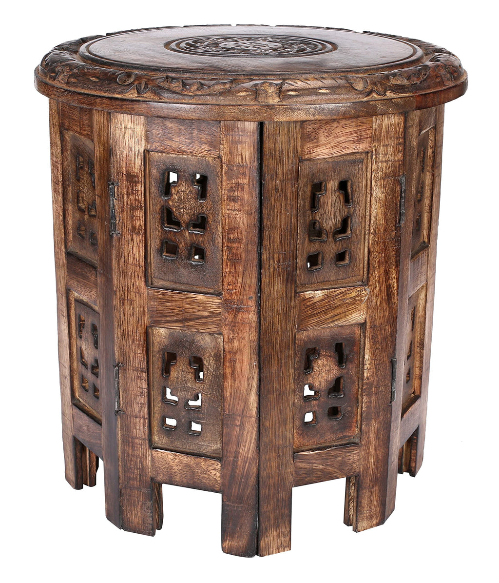 The Wooden Town Vintage Carved Round End Table, Rustic Boho Accent Side Table, 12 Inch