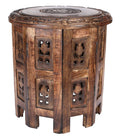 The Wooden Town Vintage Carved Round End Table, Rustic Boho Accent Side Table, 12 Inch