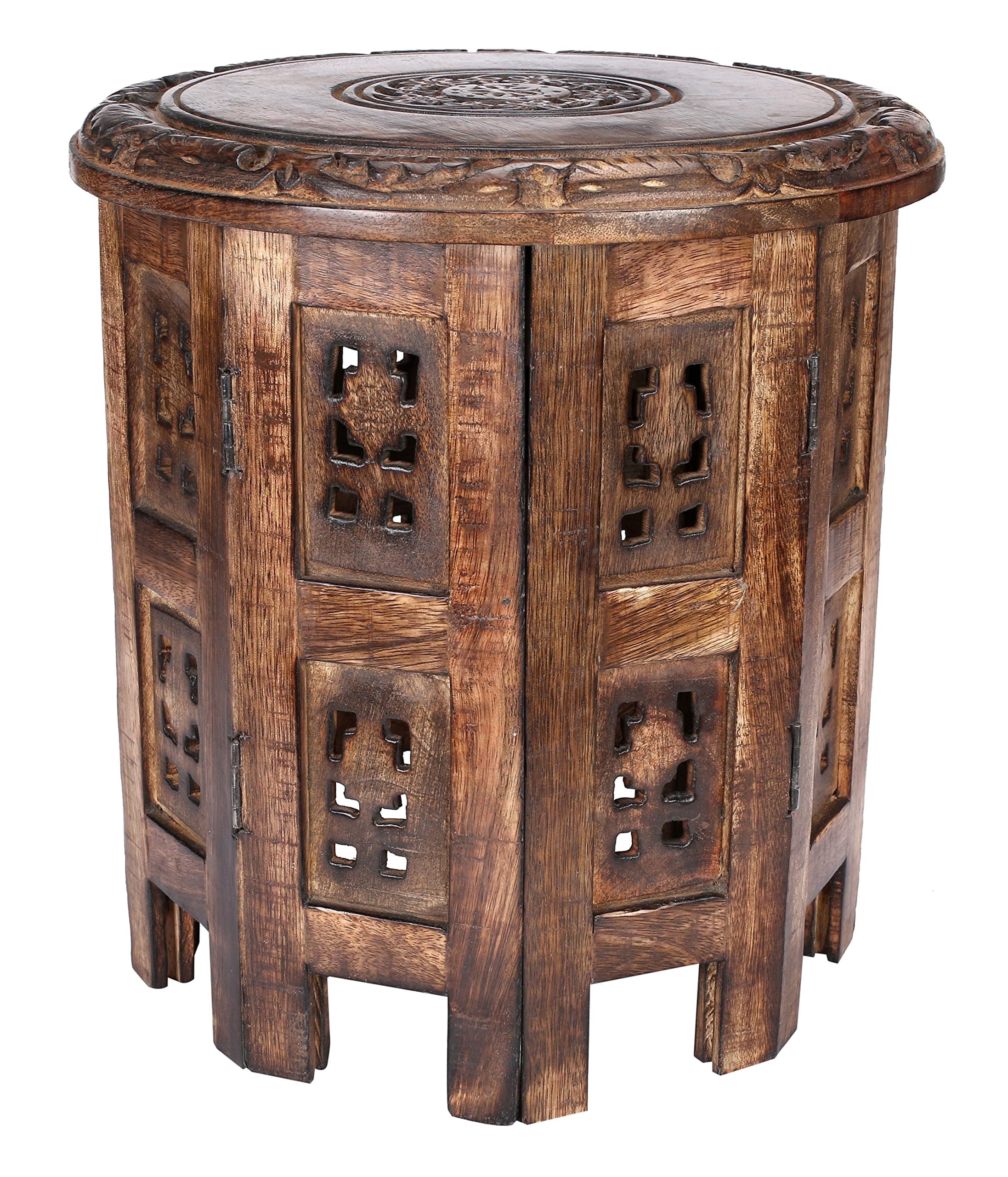 The Wooden Town Vintage Carved Round End Table, Rustic Boho Accent Side Table, 12 Inch