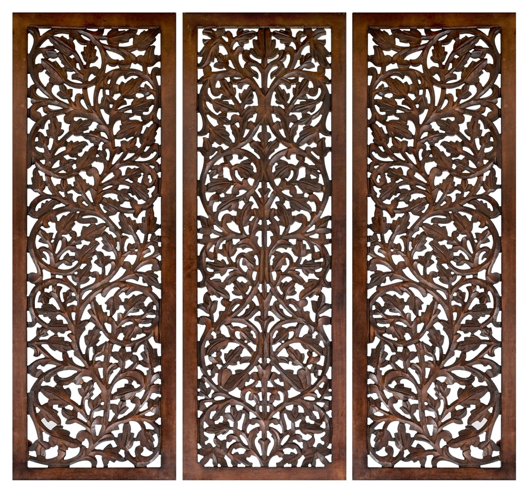 Hand-Carved Wooden Wall Panels Set of 3 – 36” x 12” Burnt Finish Wall Décor
