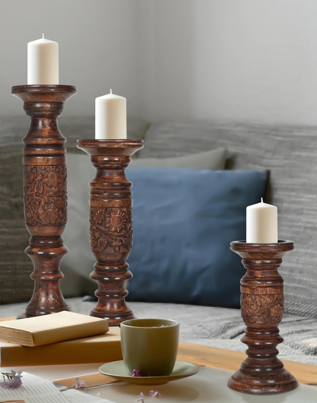 The Wooden Town Wooden Pillar Candle Holder Set of 3, Rustic Farmhouse Candlestick Holders for Table Centerpieces & Home Décor, Dark Burnt Finish, 9", 12", 15"