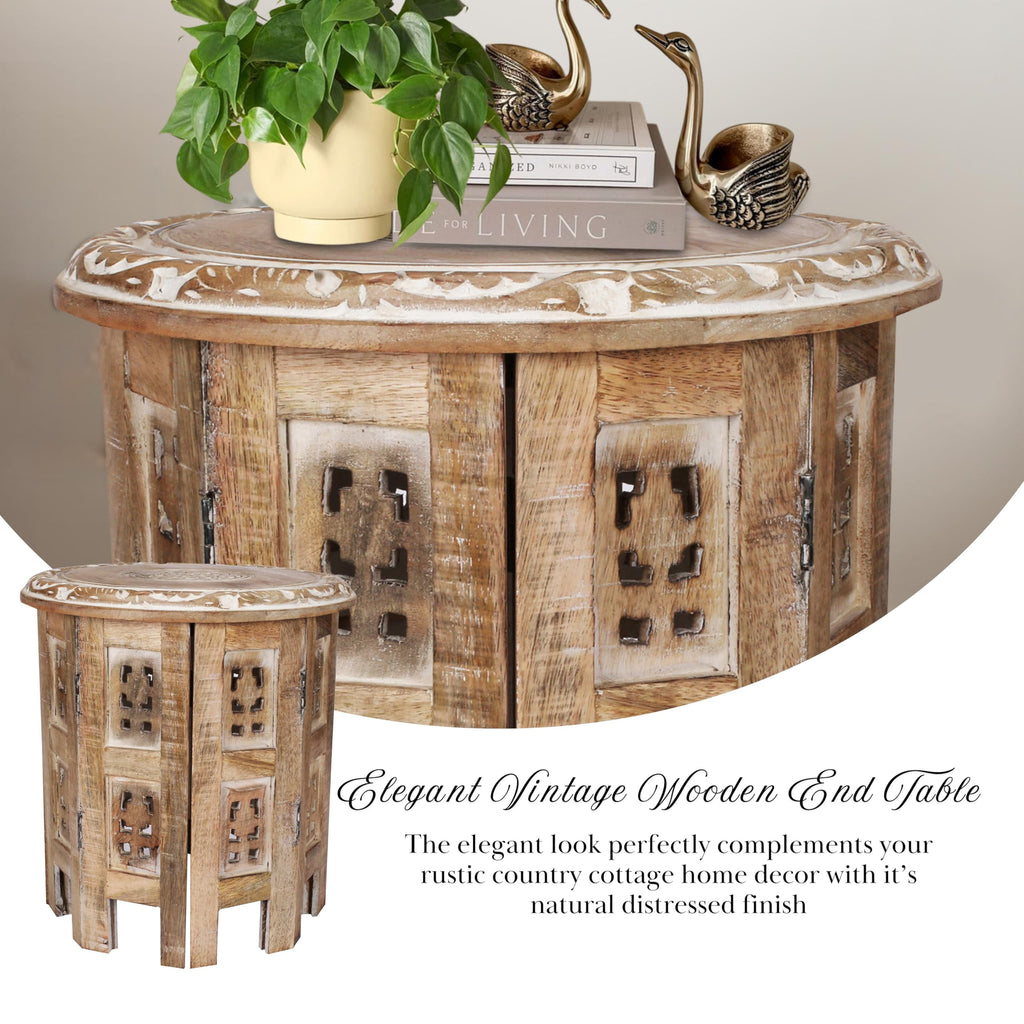 Versatile Octagonal Wooden Side Table, Rustic White Wash Accent Table, 12 x 12 Inch