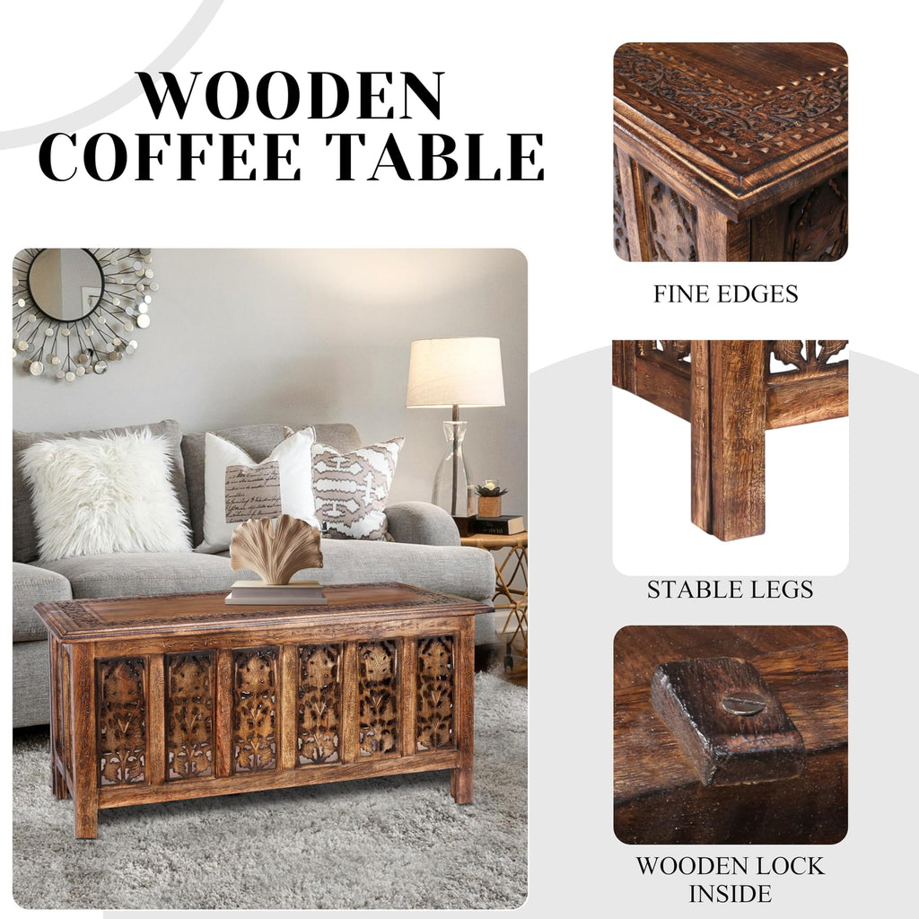 Wooden Coffee Table, Hand-Carved Solid Wood Center Table, Vintage Burnt Finish, 36 x 18 Inch