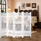 Antique White Wood 4-Panel Folding Room Divider 64” x 48” – Hand-Carved Privacy Screen
