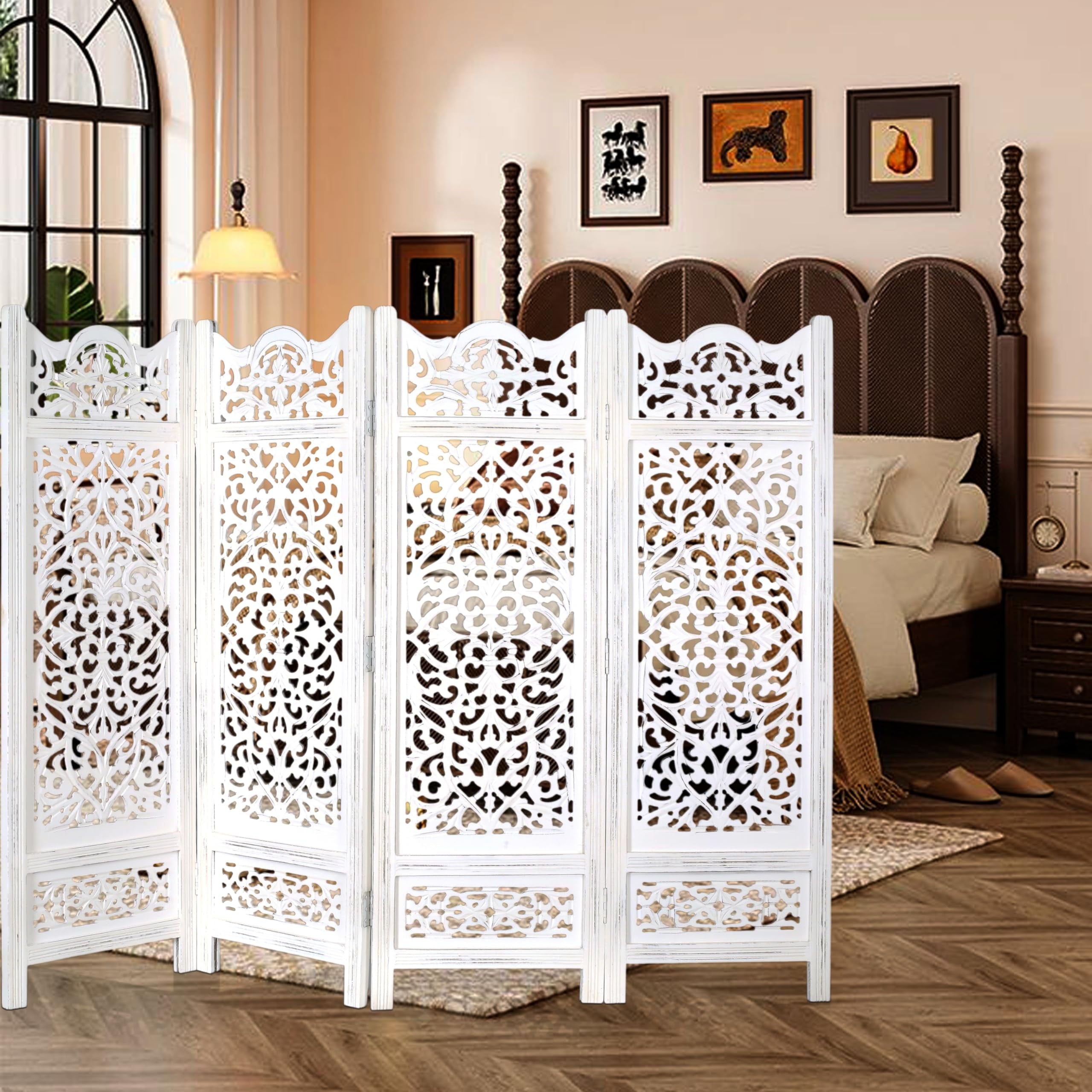 Antique White Wood 4-Panel Folding Room Divider 64” x 48” – Hand-Carved Privacy Screen