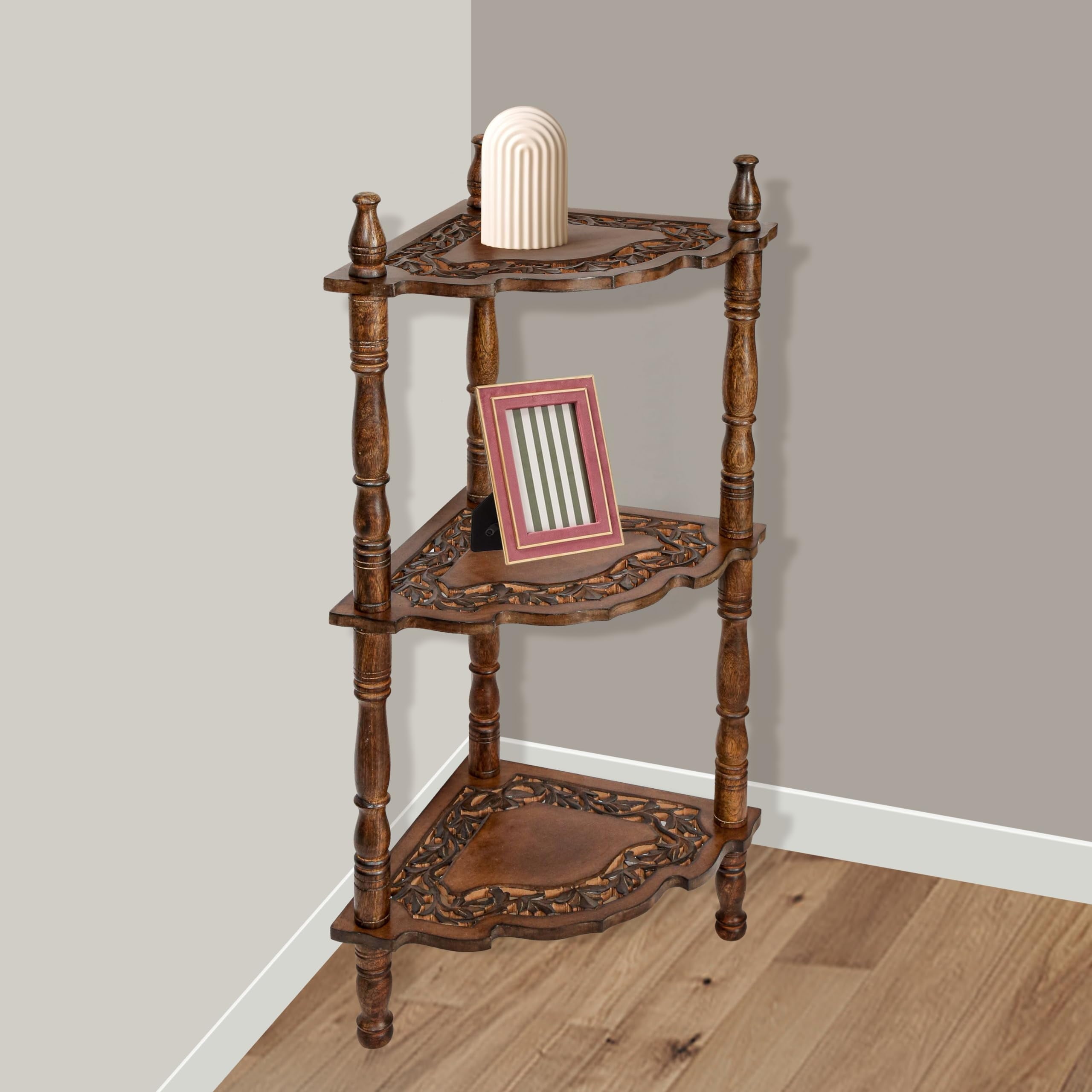 Burnt Wood 3-Tier Corner Bookshelf Stand – 14.5” x 14.5” x 40”