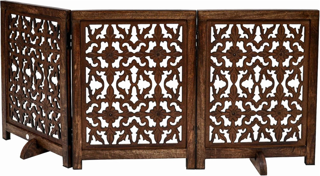 The Wooden Town Foldable 3-Panel Wooden Dog Gate with Flower Design, Freestanding Indoor Pet Barrier, Burnt Finish, 54" Wide