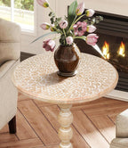 The Wooden Town Hand-Carved Solid Wood End Table, Modern Accent Side Table for Living Room, Bedroom & Office, White Wash, 18 x 22 Inch