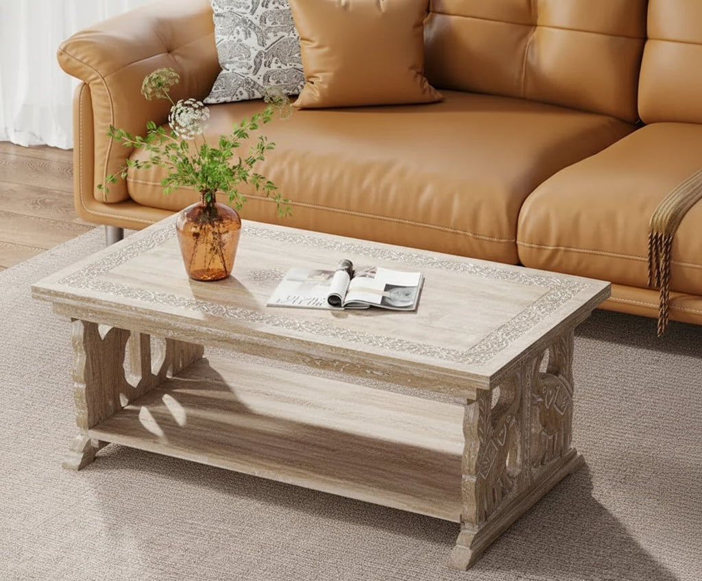 Rectangular Wooden Coffee Table, White Wash Foldable Farmhouse Table, Hand-Carved Elephant Design, 40 x 20 x 18 Inch