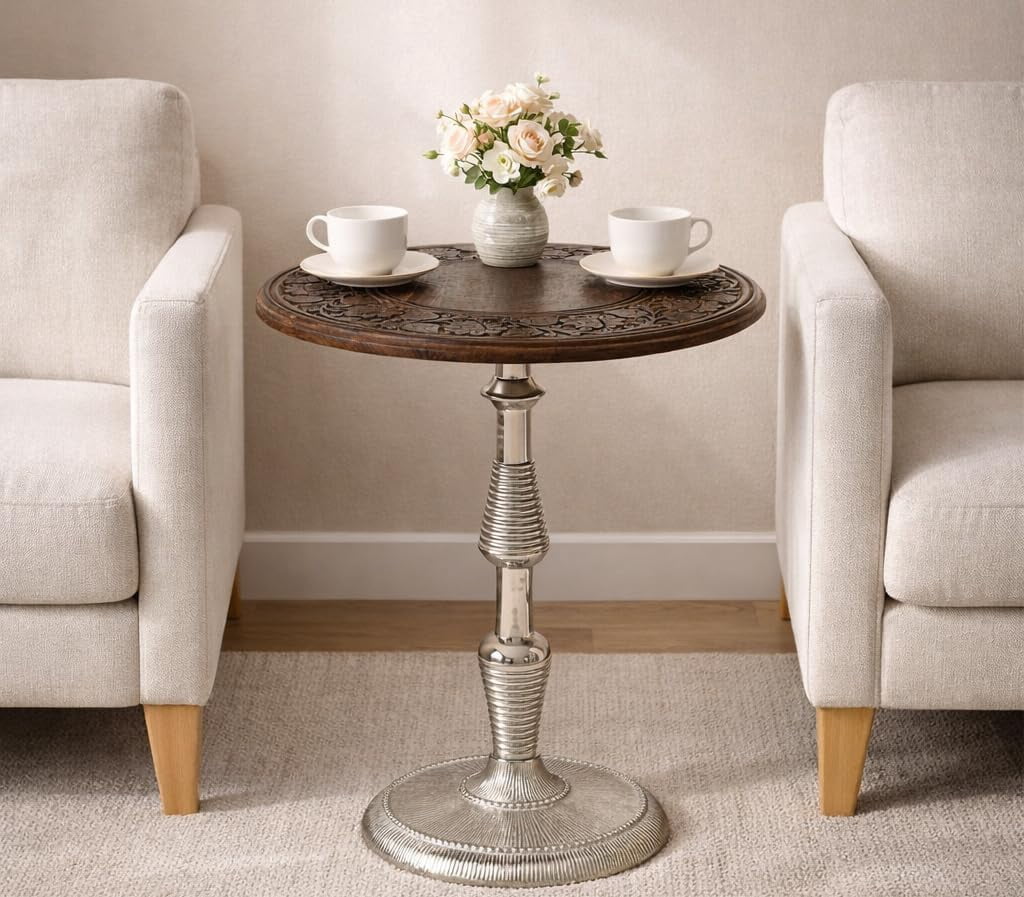 The Wooden Town Hand-Carved Boho Folding Side Table, Burnt Brown Top with Silver Aluminum Spiral Base, 18 x 22 Inch