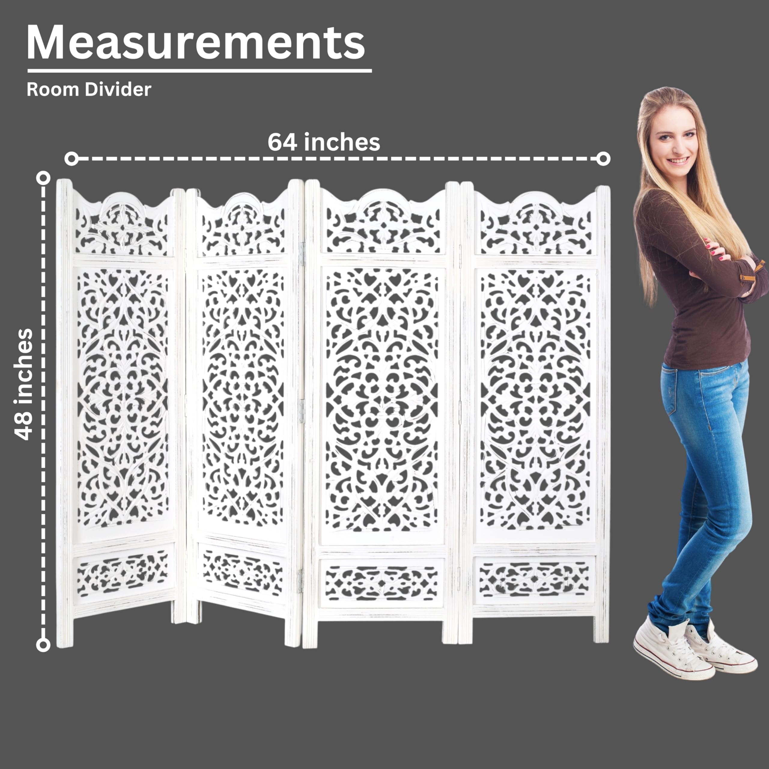 Antique White Wood 4-Panel Folding Room Divider 64” x 48” – Hand-Carved Privacy Screen