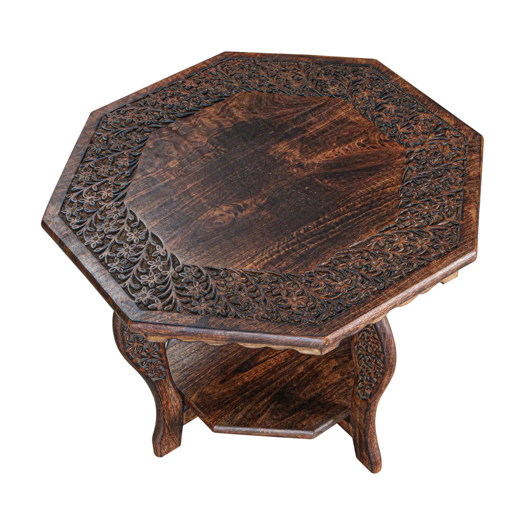 Farmhouse Octagon Accent End Table, Solid Wood Foldable Side Table with Tray Top, Burnt Finish, 24 x 24 x 18 Inch