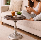 The Wooden Town Hand-Carved Boho Folding Side Table, Burnt Brown Top with Silver Aluminum Spiral Base, 18 x 22 Inch