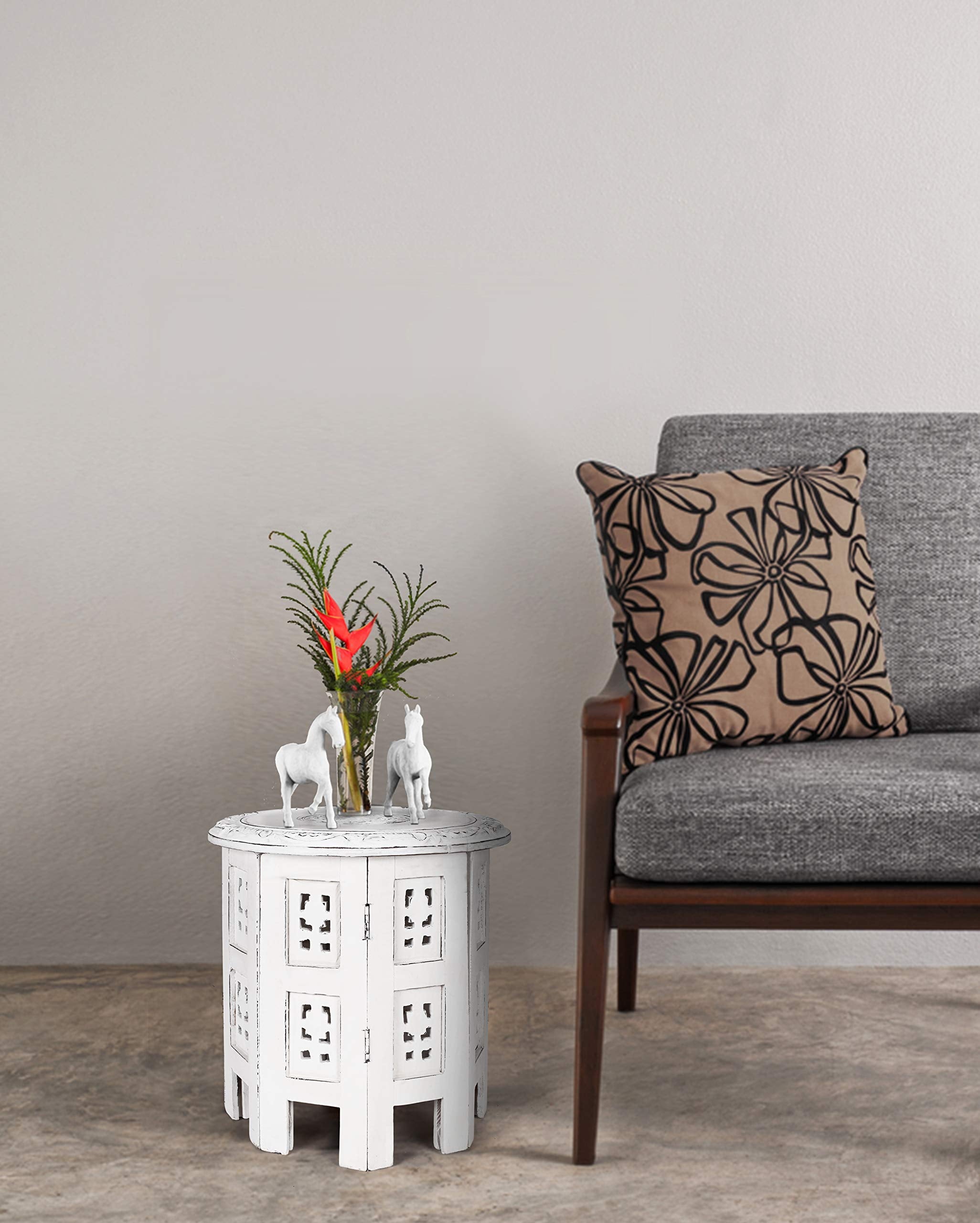 The Wooden Town Round Wooden End Table, White Antique Accent Side Table, 12 x 12 Inch